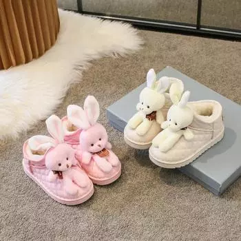 Детские зимние сапоги с изображением кролика из мультфильма, женские зимние новые ботильоны для мальчиков и девочек с утолщенной шерстью из хлопка для детей 25 чёрный