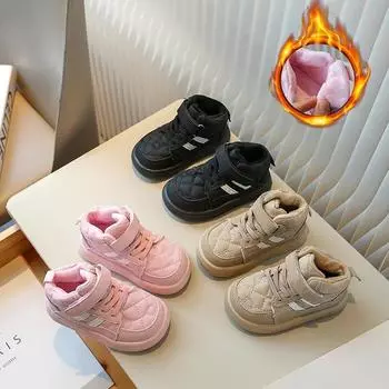 Детские зимние сапоги с мехом для мальчиков и девочек, теплые хлопковые сапоги в полоску в стиле ретро, зимняя новая мода 2024 года, детские короткие сапоги в спортивном стиле 21 чёрный