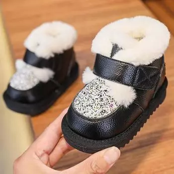 Детские зимние сапоги, сапоги для маленьких девочек, зимняя обувь для малышей, теплая плюшевая кожаная детская обувь с мягкой подошвой, детские ботинки с блестками 25 белый