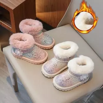 Детские зимние сапоги, зимние новые стильные плюшевые детские сапоги для девочек, водонепроницаемые 23 розовый