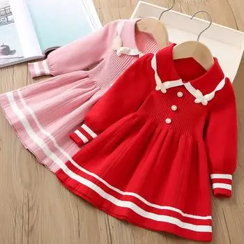 Детские зимние свитера для девочек, вязаное платье, осенние теплые осенние свитера для девочек, платья, одежда для девочек 2-6 лет 90 розовый