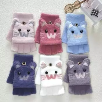 Детские зимние теплые и непромокаемые перчатки с милым мультяшным принтом, трикотажные перчатки для письма с откидной крышкой на полпальца для мальчиков и девочек, детей старшего возраста и студентов average size