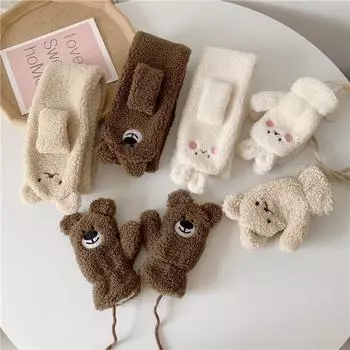 Детские зимние теплые перчатки детский крест ветрозащитный шарф овечья шерсть милый мультяшный комплект плюшевый утолщенный Children 2-7 years old