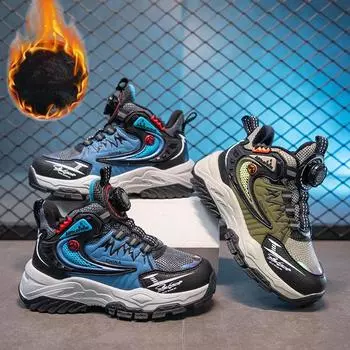 Детские зимние теплые удобные кроссовки с мягкой подкладкой, кроссовки с вращающейся пуговицей, уличная походная обувь для мальчиков 27