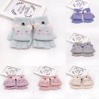 Детские зимние теплые вязаные перчатки с рисунком кота для мальчиков и девочек в стиле пэчворк One Size серый