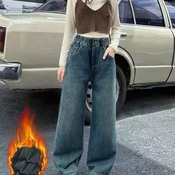 Детские зимние утепленные джинсы с вышивкой в виде сердца и карманами для девочек, теплые брюки для детей с флисовой подкладкой, плотные джинсы для подростков 120cm синий