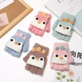 Детские зимние вязаные перчатки с рисунком - полупальцы, теплые, толстые, с защитой от холода из шерсти