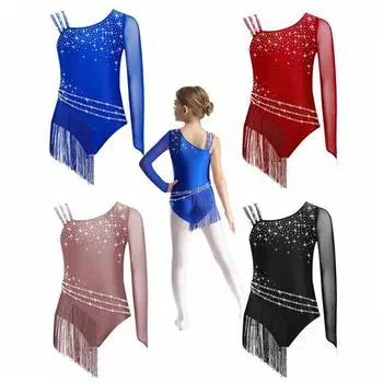 Детский асимметричный купальник для девочек с бахромой на плечах, стразы, фигурное катание, художественная гимнастика, боди с кисточками, платье, одежда для танцев 5-6 Years