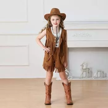 Детский этнический хиппи замшевый жилет с кисточками 120