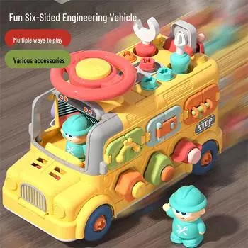 Детский автобус-ящик для инструментов: Развивающая игрушка-конструктор с закручивающимися винтами для тренировки концентрации и строительные блоки
