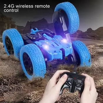 Детский автомобиль с дистанционным управлением и красочной световой музыкой, двусторонний вращающийся на 360 градусов и кувыркающийся трюковый автомобиль, игрушка для мальчиков и девочек, электрическая игрушка на радиоуправлении 1pc фиолетовый