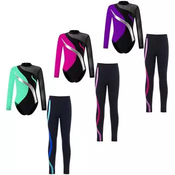 Детский балетный танцевальный комплект из 2 предметов для девочек, костюм для фигурного катания, спортивная одежда, спортивный костюм, трико в стиле пэчворк с леггинсами 5-6 Years горячий розовый