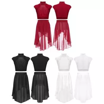 Детский балетный танцевальный костюм для девочек из 2 предметов, укороченные топы на бретелях с нерегулярным подолом, юбки с запахом, танцевальная одежда 5-6 Years чёрный