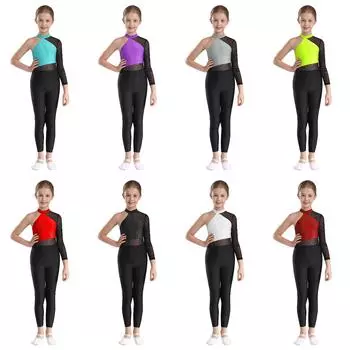 Детский балетный танцевальный купальник на одно плечо с длинным рукавом для тренировок, полный костюм для гимнастики, комбинезоны для фигурного катания 5-6 Years синий/зелёный