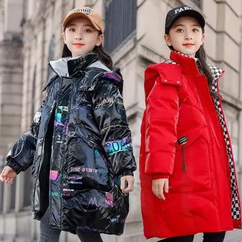 Детский белый пуховик, зимнее модное толстое пальто с капюшоном для девочек 120cm чёрный