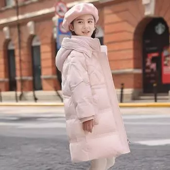 Детский белый пуховик, зимнее теплое пальто с капюшоном для девочек 120cm