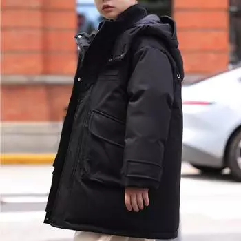 Детский белый пуховик, зимнее тяжелое пальто с капюшоном для мальчиков 120cm