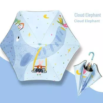 Детский безопасный закругленный угловой противооткатный зонт для школы, стильный автоматический солнечный зонт для мальчиков Long handle, Cloud Elephant