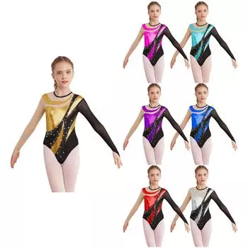 Детский блестящий гимнастический трико для девочек, сетчатый комбинезон с замочной скважиной на спине и длинными рукавами, контрастный металлический комбинезон для катания на коньках 5-6 Years золотой
