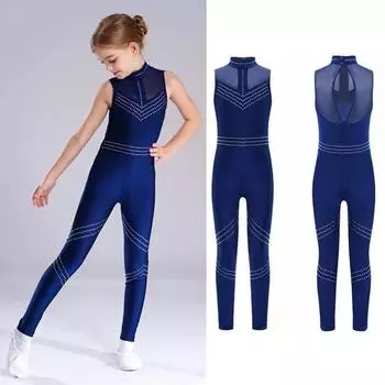 Детский блестящий комбинезон для девочек со стразами без рукавов для всего тела, балета, танцев, гимнастики, комбинезон для фигурного катания 5-6 Years темно-синий