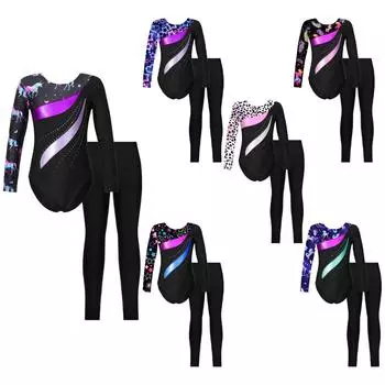 Детский блестящий купальник с длинными рукавами для девочек и спортивные леггинсы, костюм для танцевальной гимнастики 5-6 Years фиолетовый