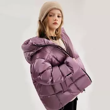 Детский блестящий пуховик на белом утином пуху зимний утолщенный, не требует стирки 120cm розовый