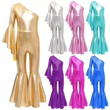 Детский блестящий танцевальный комбинезон с металлическим расклешенным низом для девочек, модный боди на одно плечо с расклешенными рукавами, карнавальная тематическая вечеринка 5-6 Years серебряный