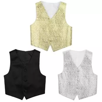 Детский блестящий жилет с цветочным принтом для мальчиков, жилет с v-образным вырезом, смокинг, джентльменский костюм для свадебной вечеринки, официальные костюмы, куртка 5-6 Years серебряный