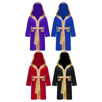 Детский боксерский халат для мальчиков, карнавальный костюм на Хэллоуин с длинными рукавами и открытой передней частью, атласный плащ с капюшоном и металлической отделкой с поясом 5-6 Years чёрный