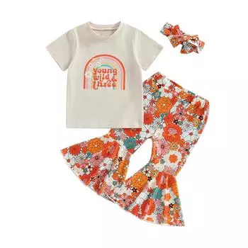 Детский брючный костюм для девочек 2, 3, 4 лет, повседневная уличная вечеринка, рубашка с короткими рукавами и буквами + брюки-клеш с цветочным принтом + повязка на голову 3-4 Years белый