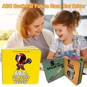 Детский букварь для будущего гонщика, гладкая плотная бумага, прозрачная мультяшная печать, автомобильная тема, раннее образование, дрэг-рейсер, детский алфавит жёлтый