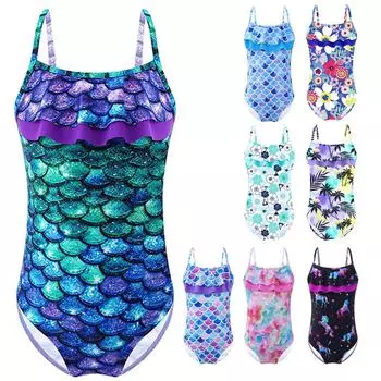 Детский цельный комбинезон для девочек, купальный костюм, регулируемые бретели, рюшами по краю, с принтом и вырезами, открытая спина, купальный боди 5-6 Years фиолетовый/зелёный