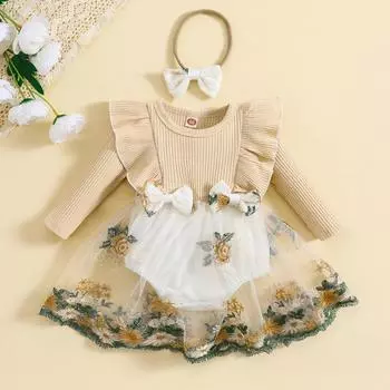 Детский цельный комбинезон, платье и повязка на голову, комбинезон с длинными рукавами и круглым вырезом для малышей 60