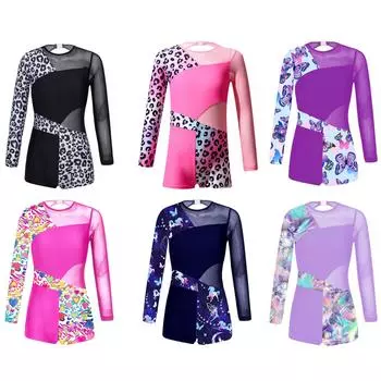 Детский цельный короткий комбинезон для девочек с длинными рукавами, сетчатый лоскутный гимнастический танцевальный трико, одежда для выступлений на сцене 5-6 Years чёрный