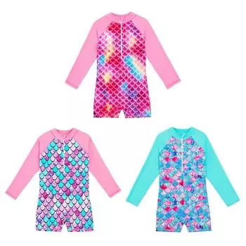 Детский цельный купальник для девочек, купальник с длинными рукавами на молнии и рыбьей чешуей 130