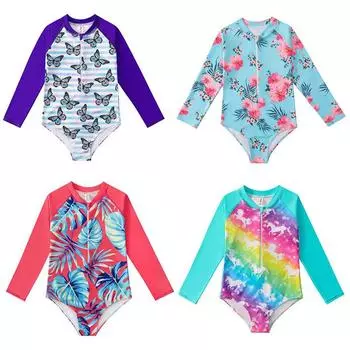 Детский цельный купальник с длинными рукавами для девочек, боди на молнии с милым мультяшным принтом, купальники, пляжная одежда 120