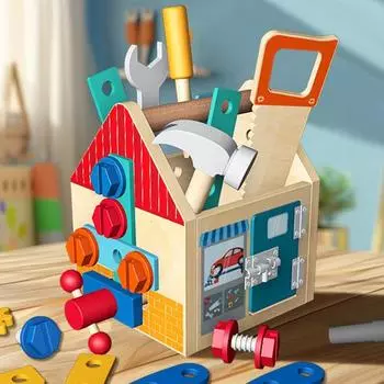 Детский деревянный многофункциональный игрушечный ящик для инструментов с пилой, молотком, гаечным ключом, отверткой, болтами, гайками, игрушками для разборки и сборки, образовательный строительный блок для малышей 1 Set