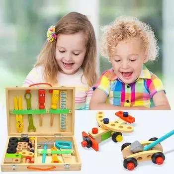Детский деревянный ящик для инструментов, игрушка с гаечным ключом, отверткой, молотком, плоскогубцами, линейкой, болтами, гайками, инструментами для ремонта малышей, развивающая игрушка-конструктор 1 Set
