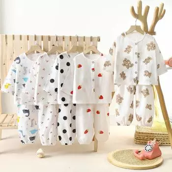 Детский двухслойный марлевый пижамный комплект: Летний комплект из двух частей с топом с длинными рукавами и шароварами для мальчиков и девочек 80cm (for 60-70cm height)