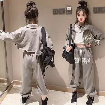 Детский джазовый танцевальный комплект, весенний и осенний танцевальный костюм с открытым пупком для практики, костюм для показа мод для детей среднего возраста 120 зелёный