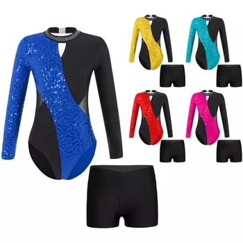 Детский джазовый танцевальный костюм для девочек, 2 шт., художественная гимнастика, спортивная спортивная одежда, купальник с открытой спиной и блестками, шорты из однотонного материала 3-4 Years чёрный/горячий розовый