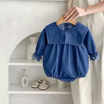 Детский джинсовый комбинезон для младенцев, осенняя повседневная одежда с отложным воротником, однотонный комбинезон для девочек, bafanou 22373 66cm(3-6M) синий