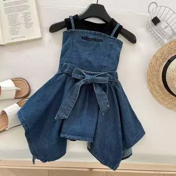 Детский джинсовый костюм, летний жилет без рукавов, футболка, джинсовая майка, нестандартная юбка, костюм-тройка для девочек 150 синий