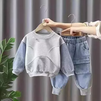 Детский джинсовый свитер весна-осень, костюм в корейском стиле для детей, комплект из двух частей: топ+брюки, модные комплекты одежды для мальчиков 2-8 лет 120 синий