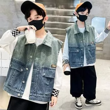 Детский джинсовый жилет для мальчиков на весну и осень, повседневный жилет для маленьких мальчиков с карманами, верхняя одежда 170 синий