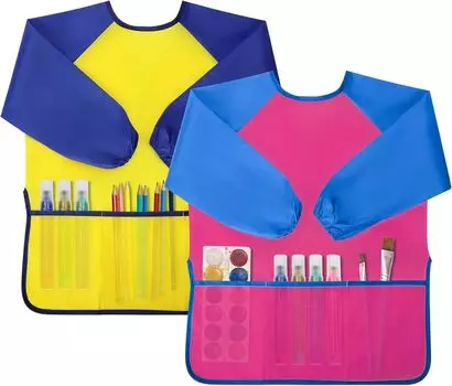 Детский фартук для рисования, комплект из 2 шт., водонепроницаемый детский халат для рисования, халат художника для детей от 2 до 8 лет с длинным рукавом и 3 карманами