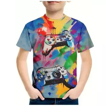 Детский геймпад с цветной краской, 3D-принтом, футболка для мальчика, футболка с круглым вырезом и короткими рукавами для мальчика, повседневный топ на лето, крутая футболка S