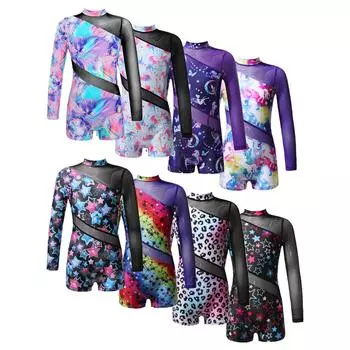 Детский гимнастический купальник для девочек-подростков, комбинезон для балета и танцев, сетчатый спортивный купальник с длинными рукавами, детский комбинезон для танцев, боди 5-6 Years светло-фиолетовый/чёрный