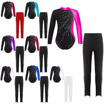 Детский гимнастический танцевальный купальник для девочек с леггинсами, комплект для балета, танцев, катания на коньках, активный боди 5-6 Years синий/чёрный