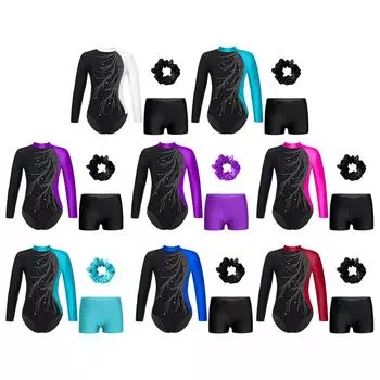 Детский гимнастический танцевальный наряд для девочек, купальник с длинными рукавами и блестящими стразами, купальник с вырезом на спине и V-образным поясом, шорты с повязкой для волос 5-6 Years фиолетовый